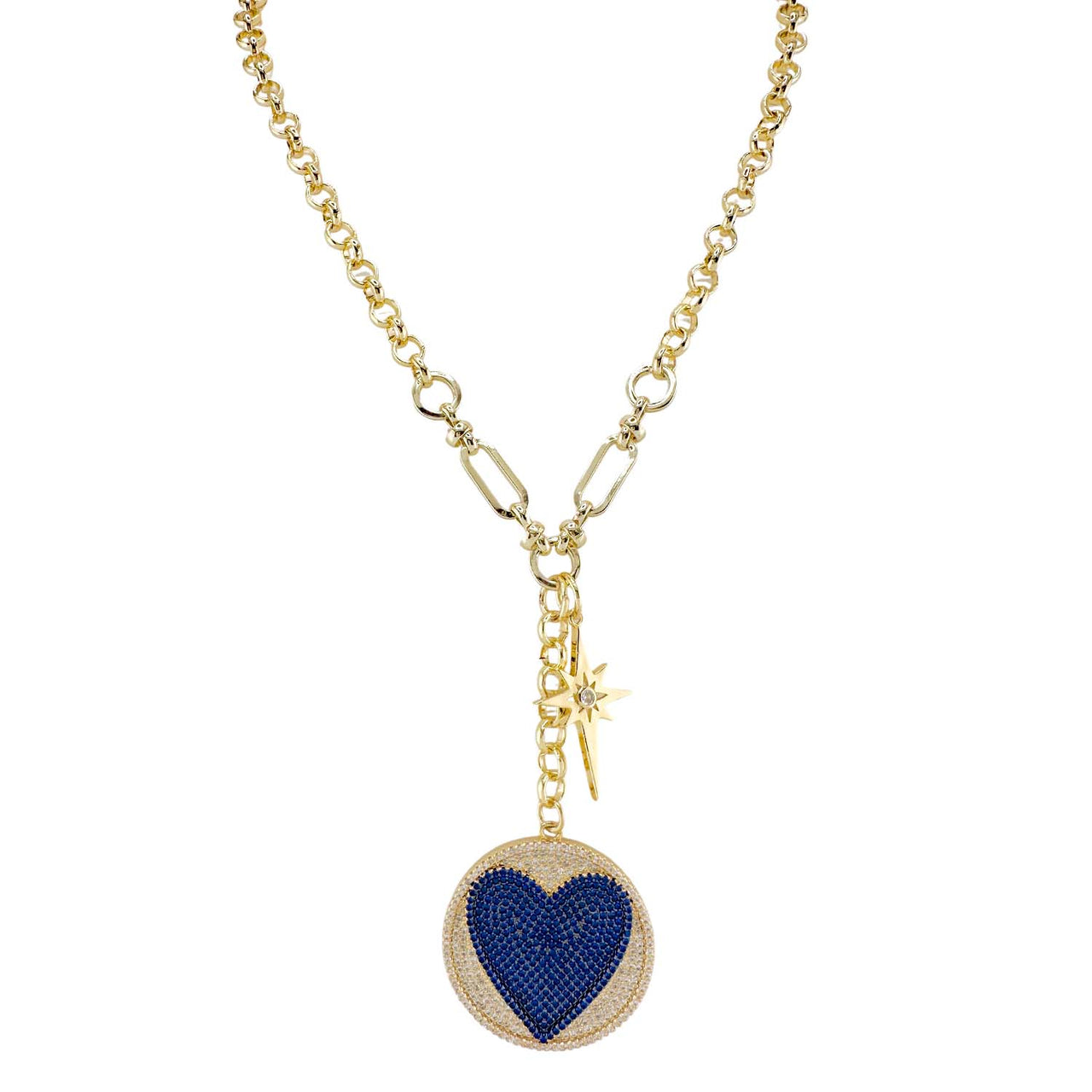 Gold necklace with a blue heart pendant on a white background