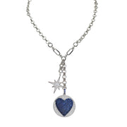 Lariat necklace with heart medallion and starburst charm in silver finish

