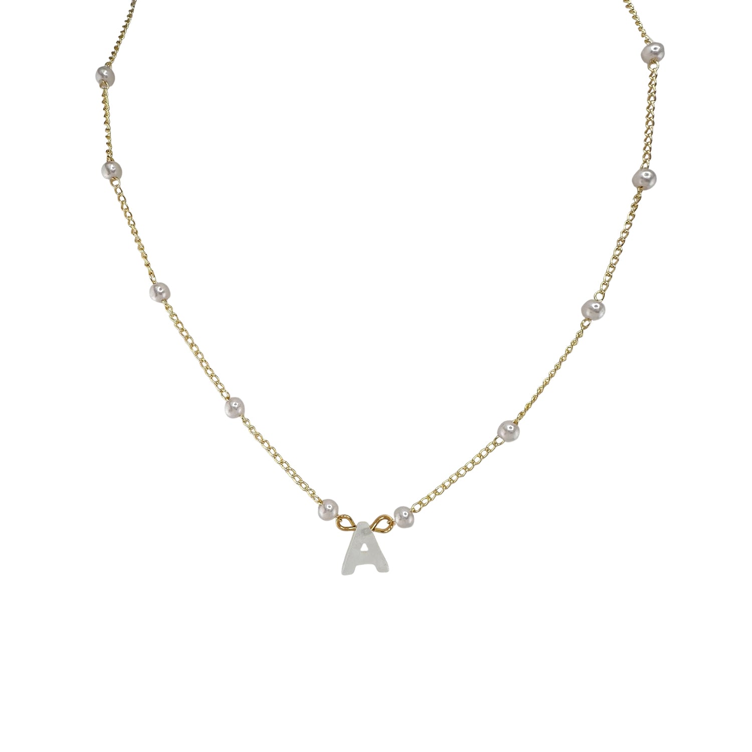 A pearl necklace with a gold chain and a silver initial charm in the shape of the letter 'A'.