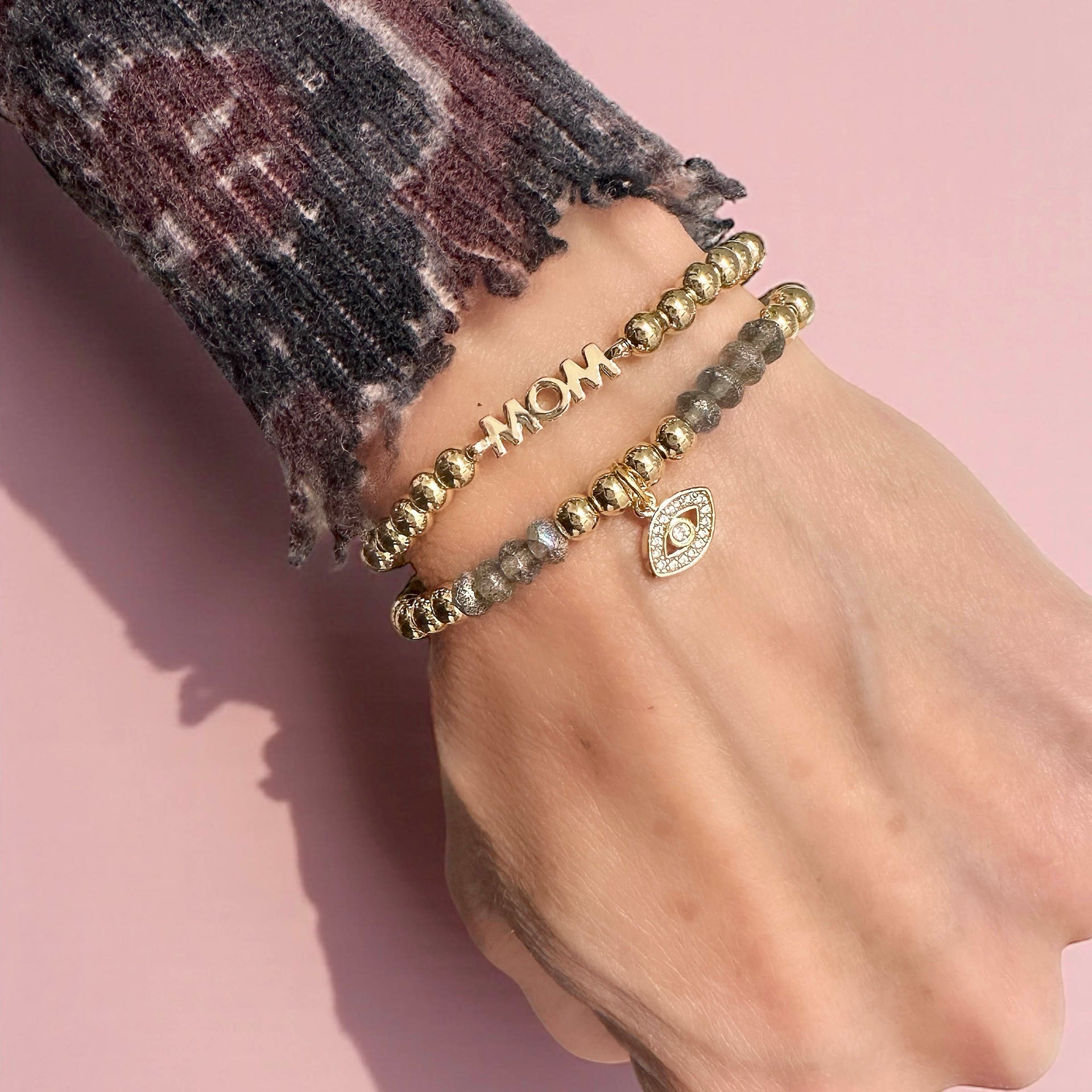 mom crystal evil eye bracelet set gold love lisa stacked bracelet worn on wrist