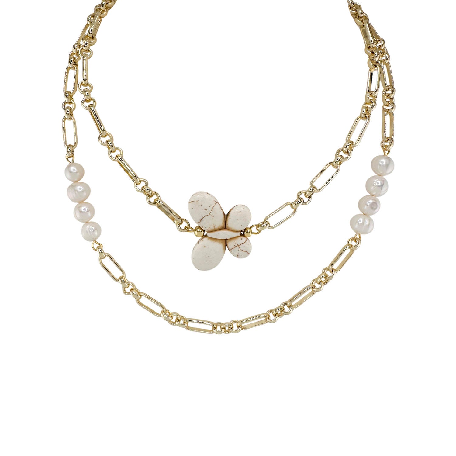 Gold chain necklace with pearl beads and a central stone on a white background