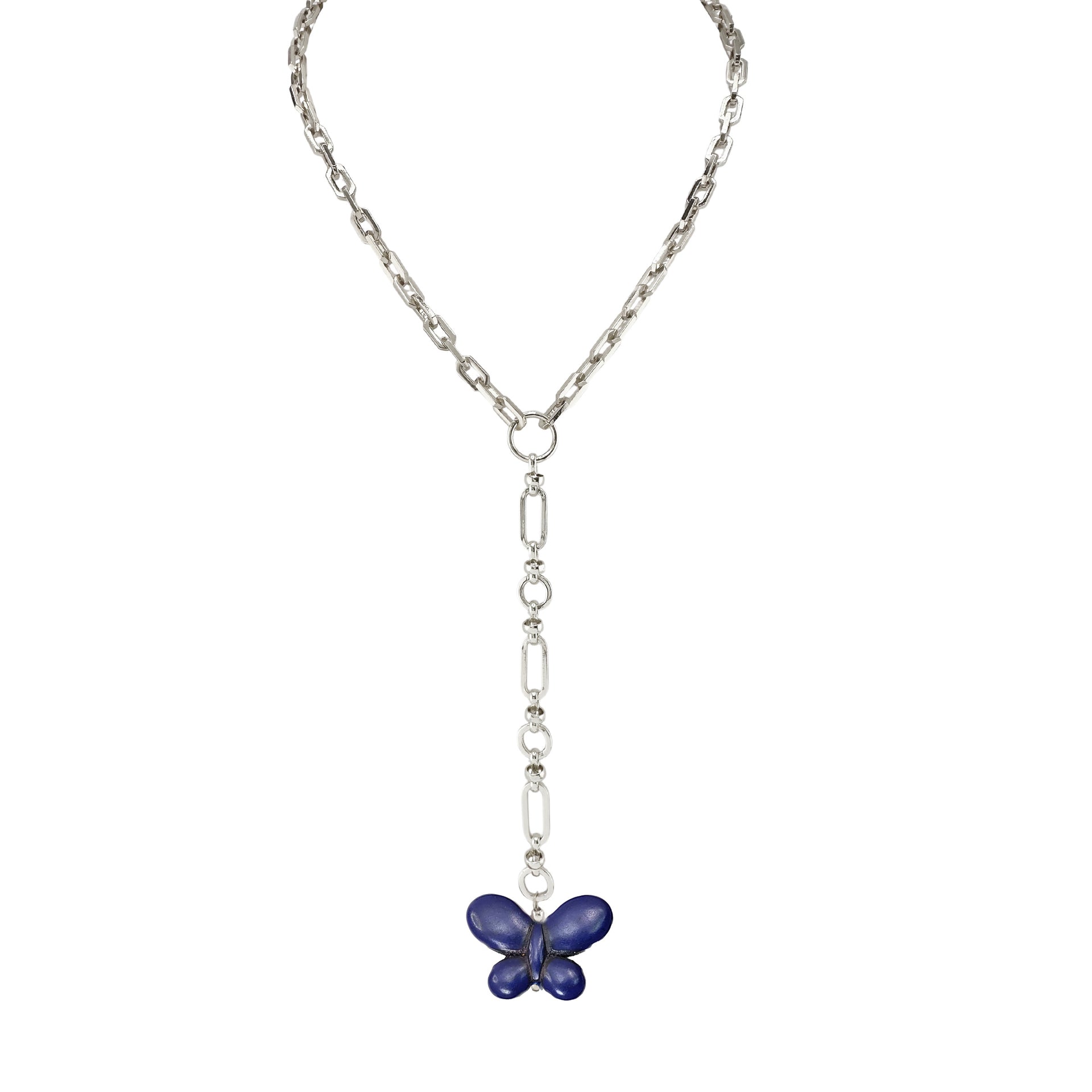 Necklace with a blue butterfly pendant on a white background