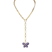 Gold chain necklace with a purple butterfly pendant on a white background