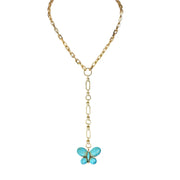 Gold chain necklace with a blue butterfly pendant on a white background