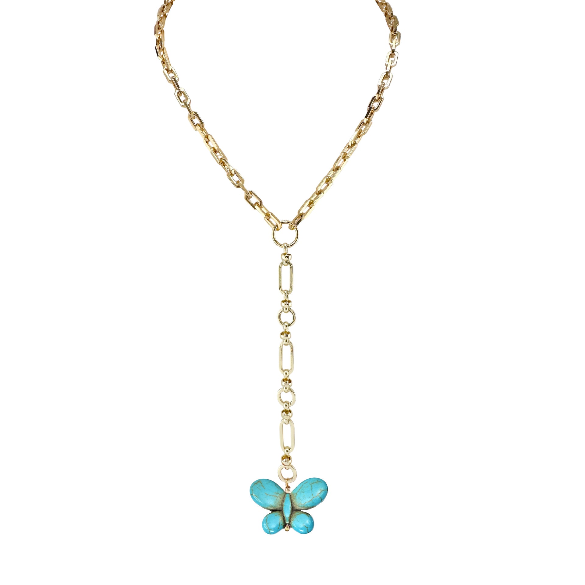 Gold chain necklace with a blue butterfly pendant on a white background