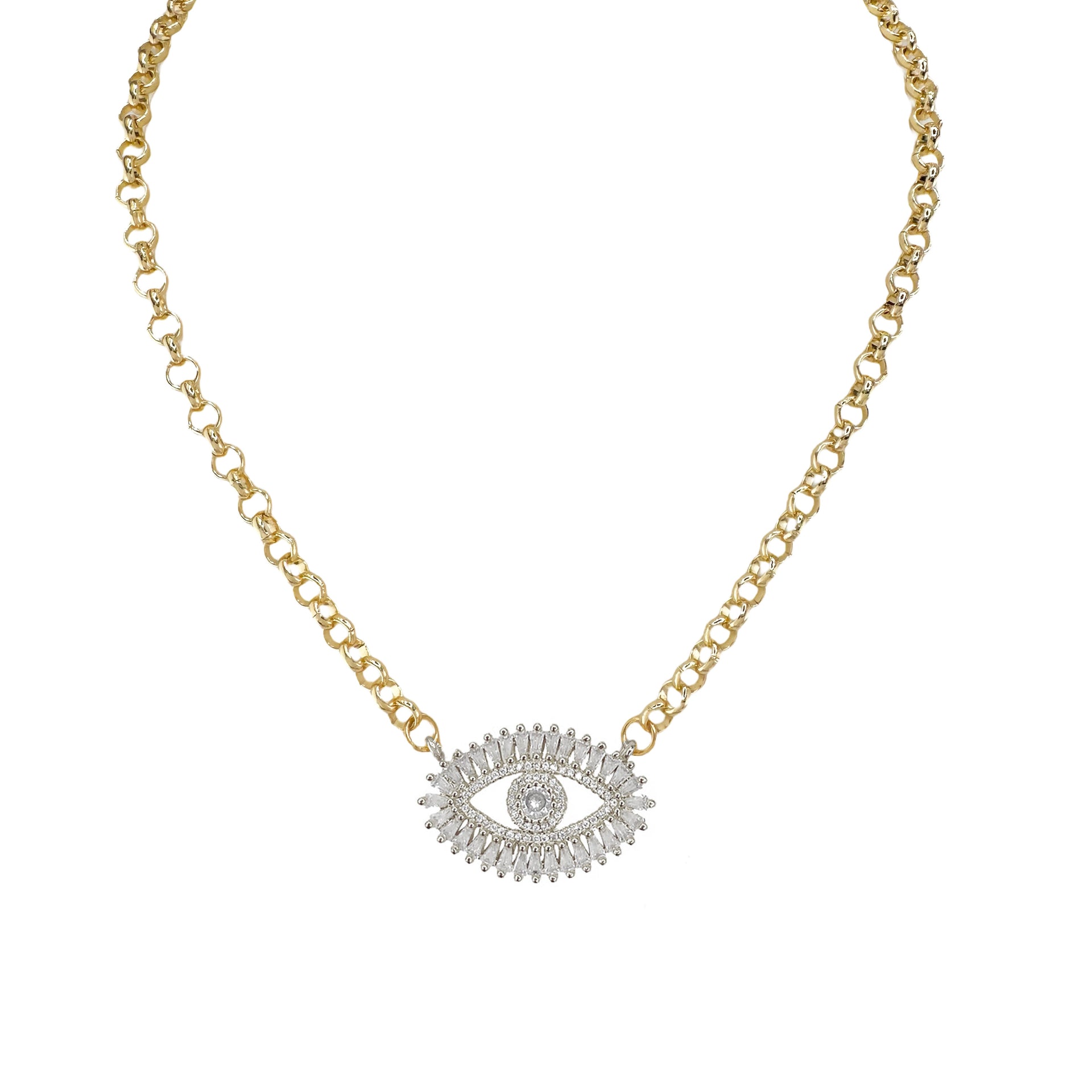 gold and silver evil eye necklace crystal pendant everyday layered jewelry
