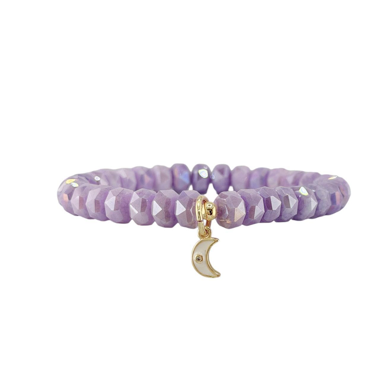 Luna Luxe Moon Charm Crystal Beaded Bracelet in purple with faceted rondelle beads and crescent moon charm