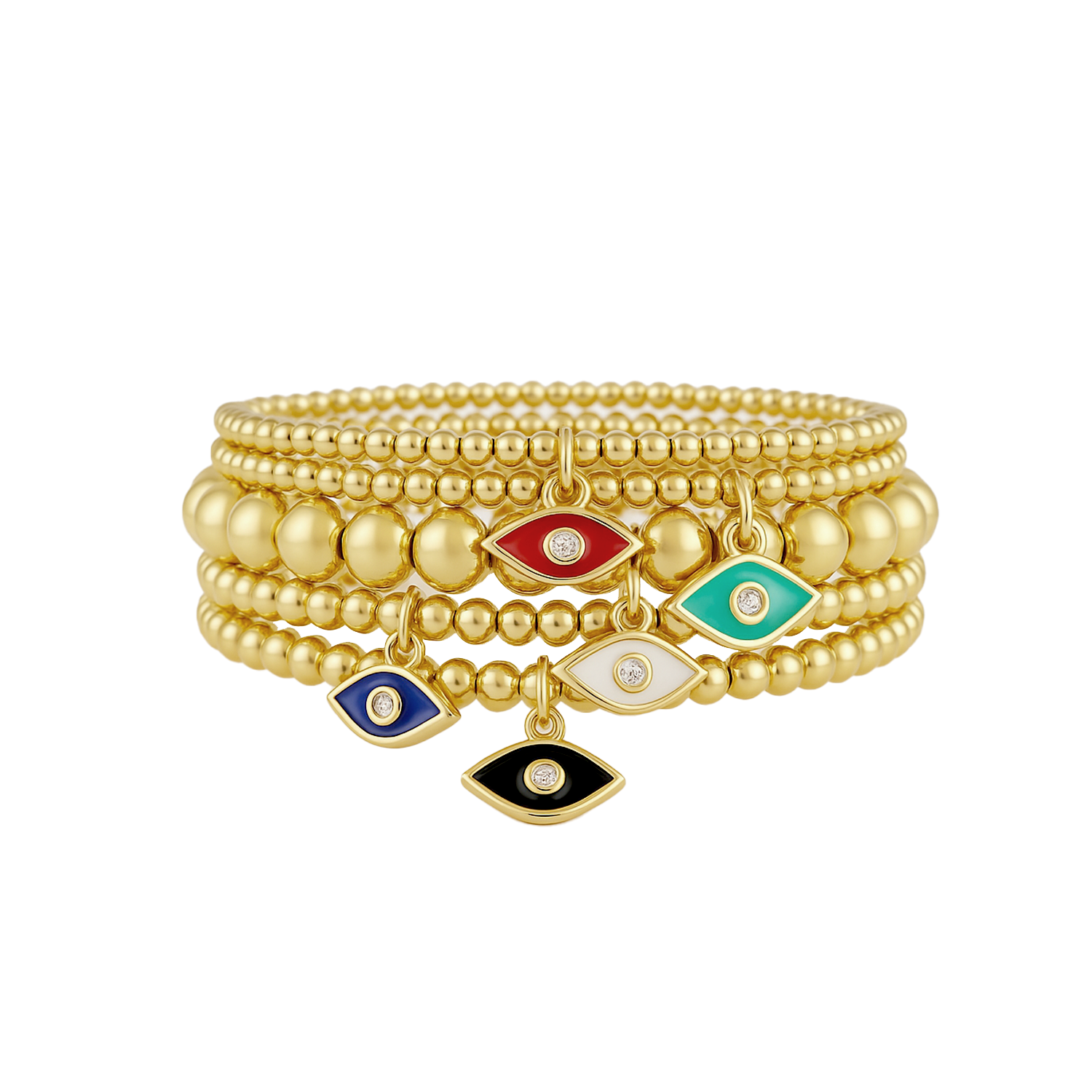 stack of gold beaded love lisa bracelets with enamel evil eye charms 