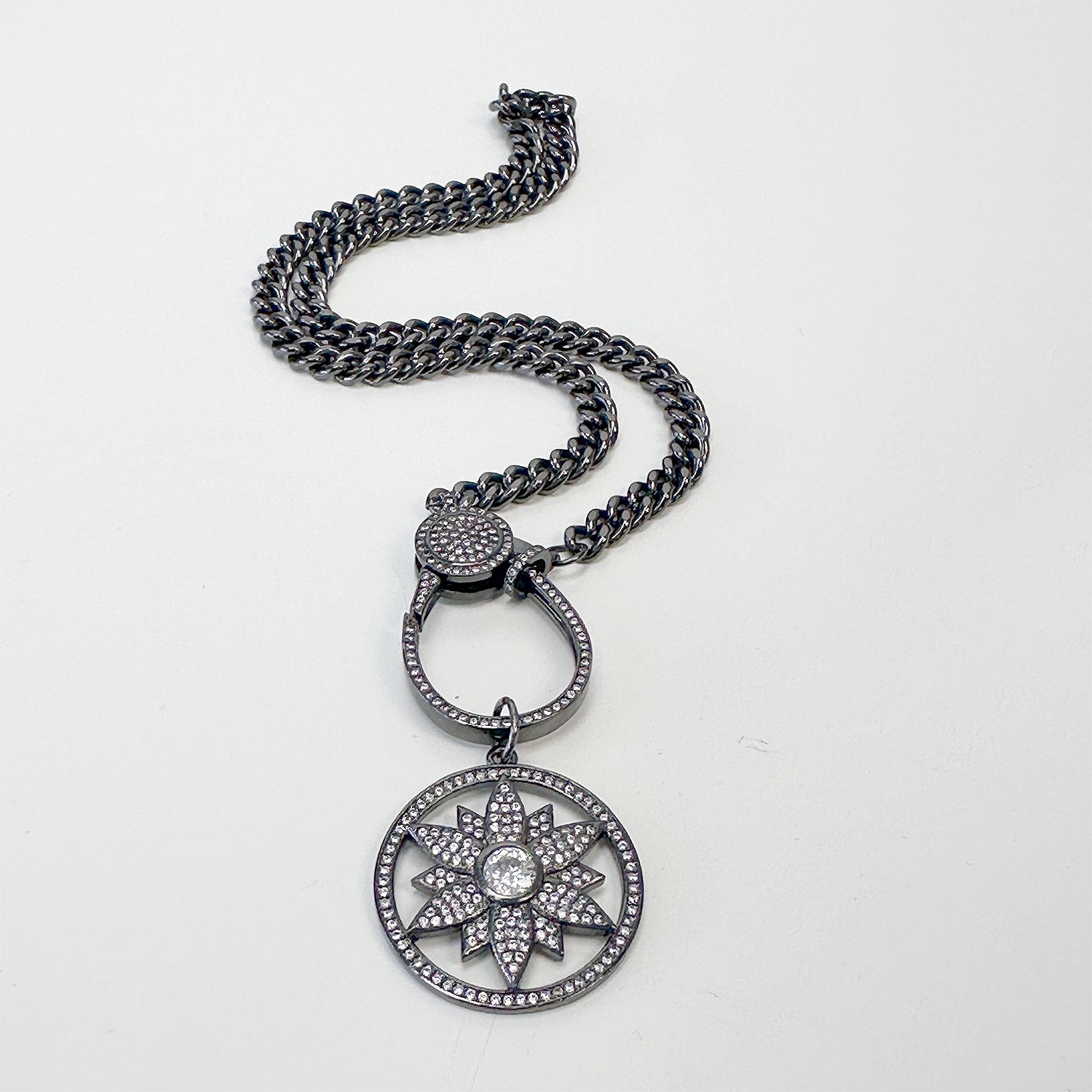 natalie eclipse bloom charm on gunmetal chain floral pave pendant jewelry