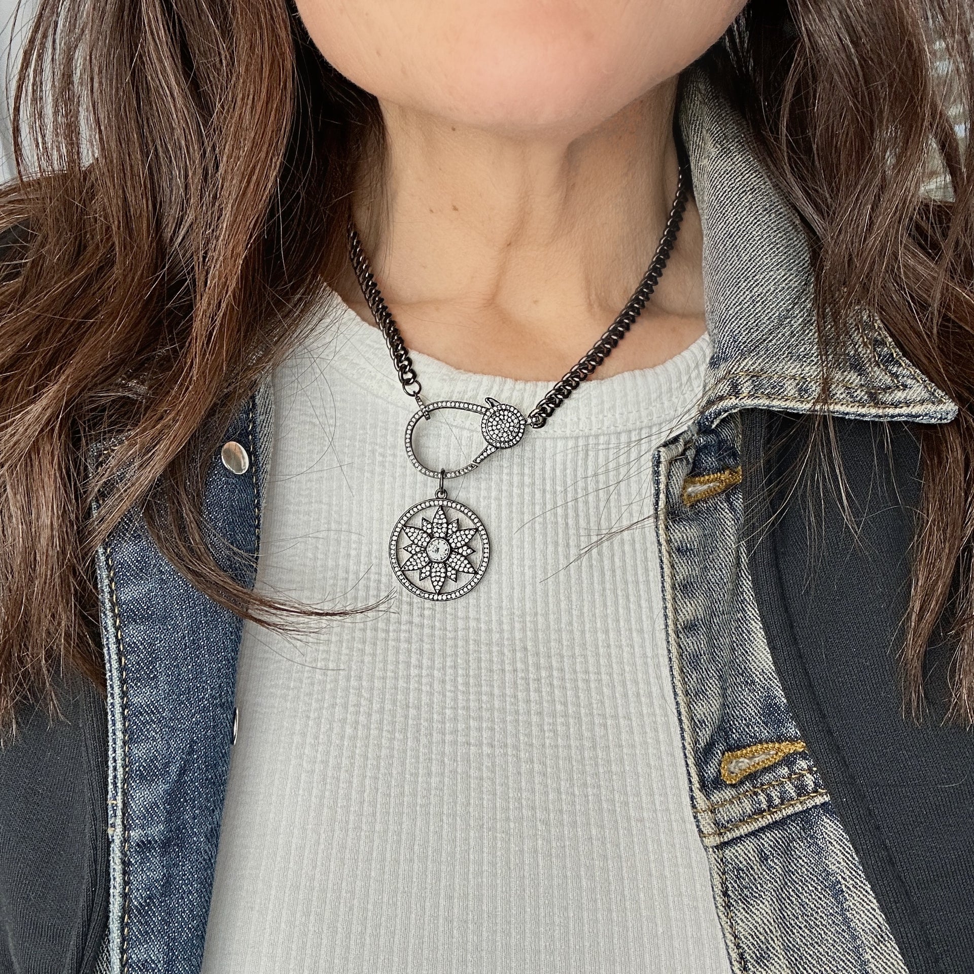 love lisa model wearing natalie eclipse bloom charm gunmetal floral pave pendant