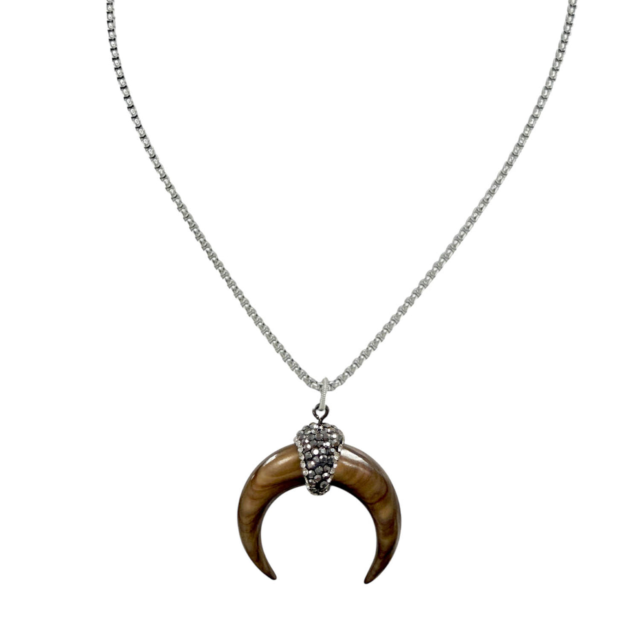silver natural shell horn pendant necklace with shell crescent pendant and crystal pave cap by Love Lisa