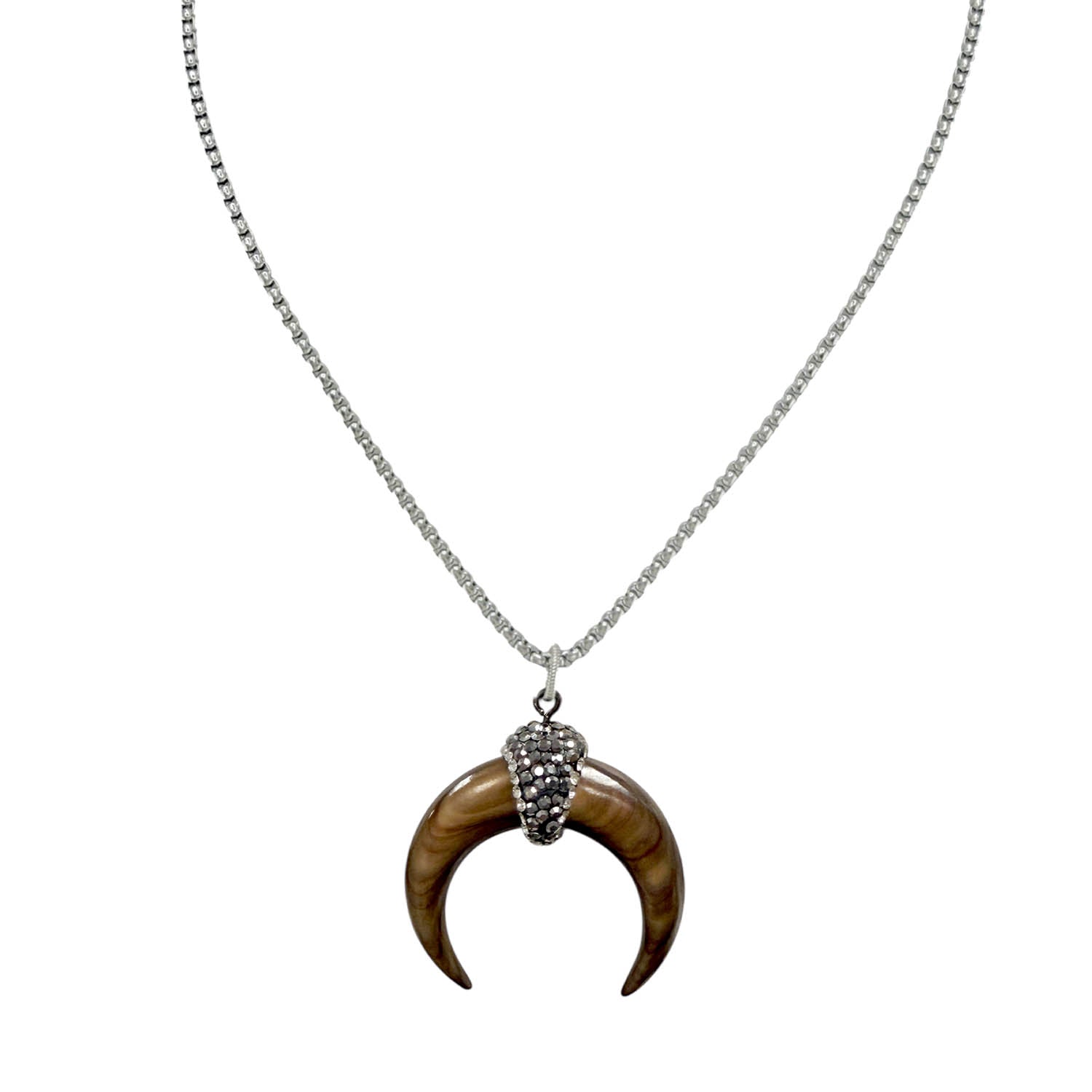 silver natural shell horn pendant necklace with shell crescent pendant and crystal pave cap by Love Lisa