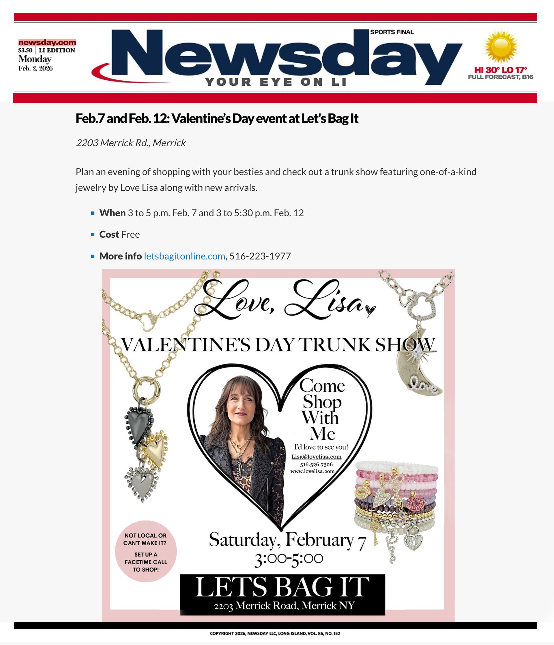 Newsday Valentines Day trunk show featuring Love Lisa jewelry at Lets Bag It in Merrick New York
