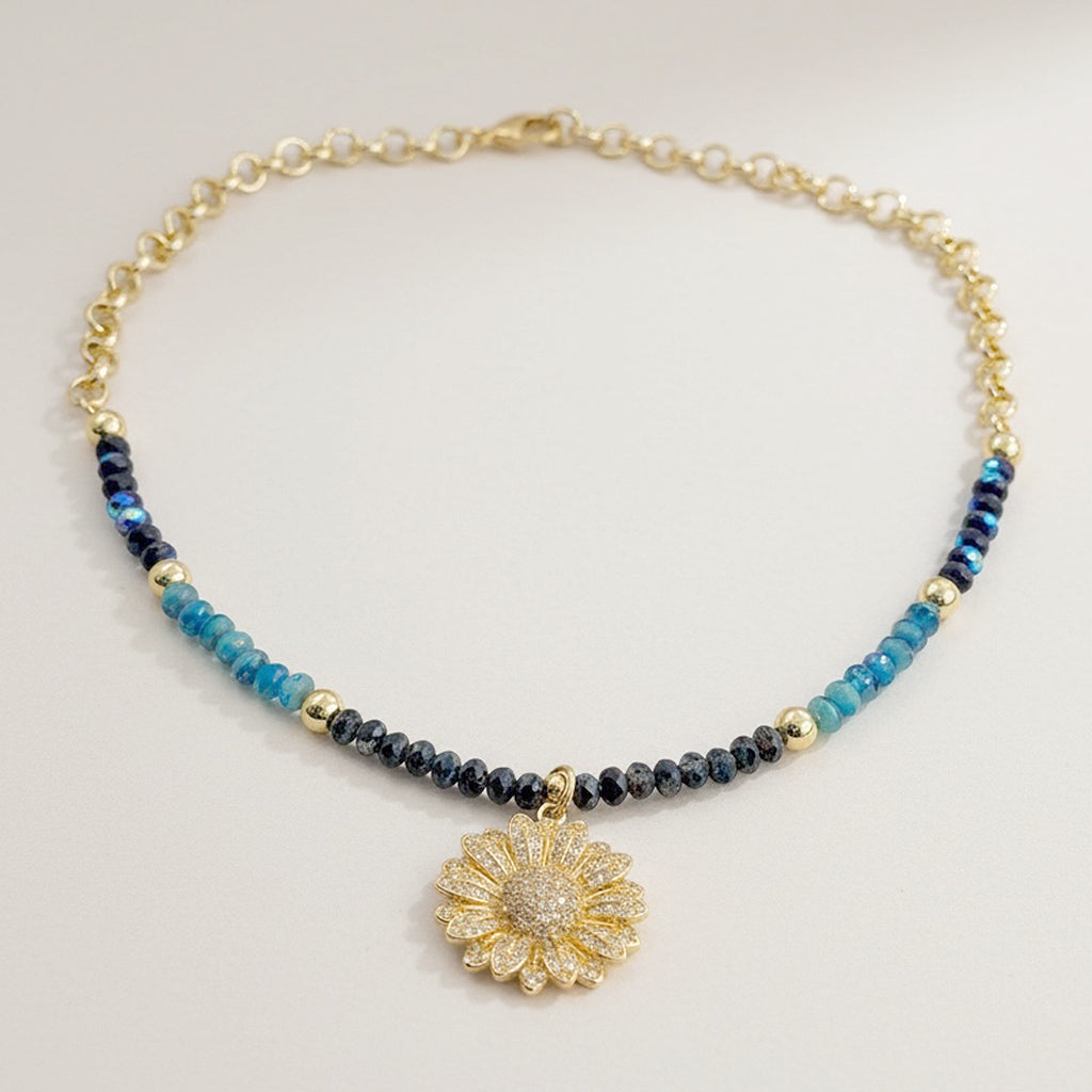sunflower pavé pendant necklace crystal beaded chain close detail floral charm necklace