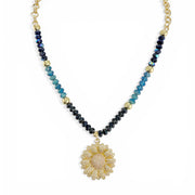 Love Lisa sunflower crystal beaded necklace blue gold gradient czech crystal beads pavé sunflower pendant necklace