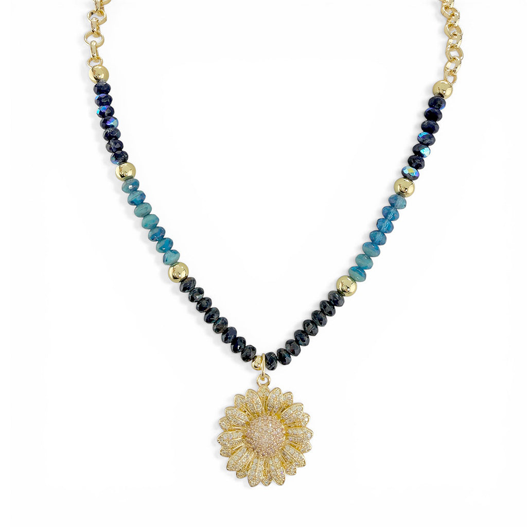 Love Lisa sunflower crystal beaded necklace blue gold gradient czech crystal beads pavé sunflower pendant necklace