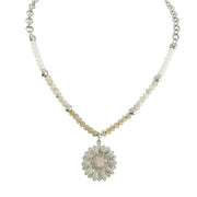 sunflower crystal beaded necklace white silver pavé sunflower charm necklace clean tonal bead design