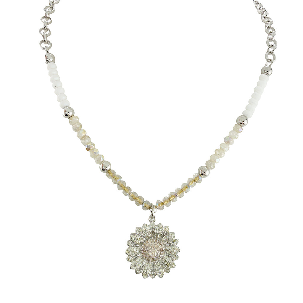 sunflower crystal beaded necklace white silver pavé sunflower charm necklace clean tonal bead design