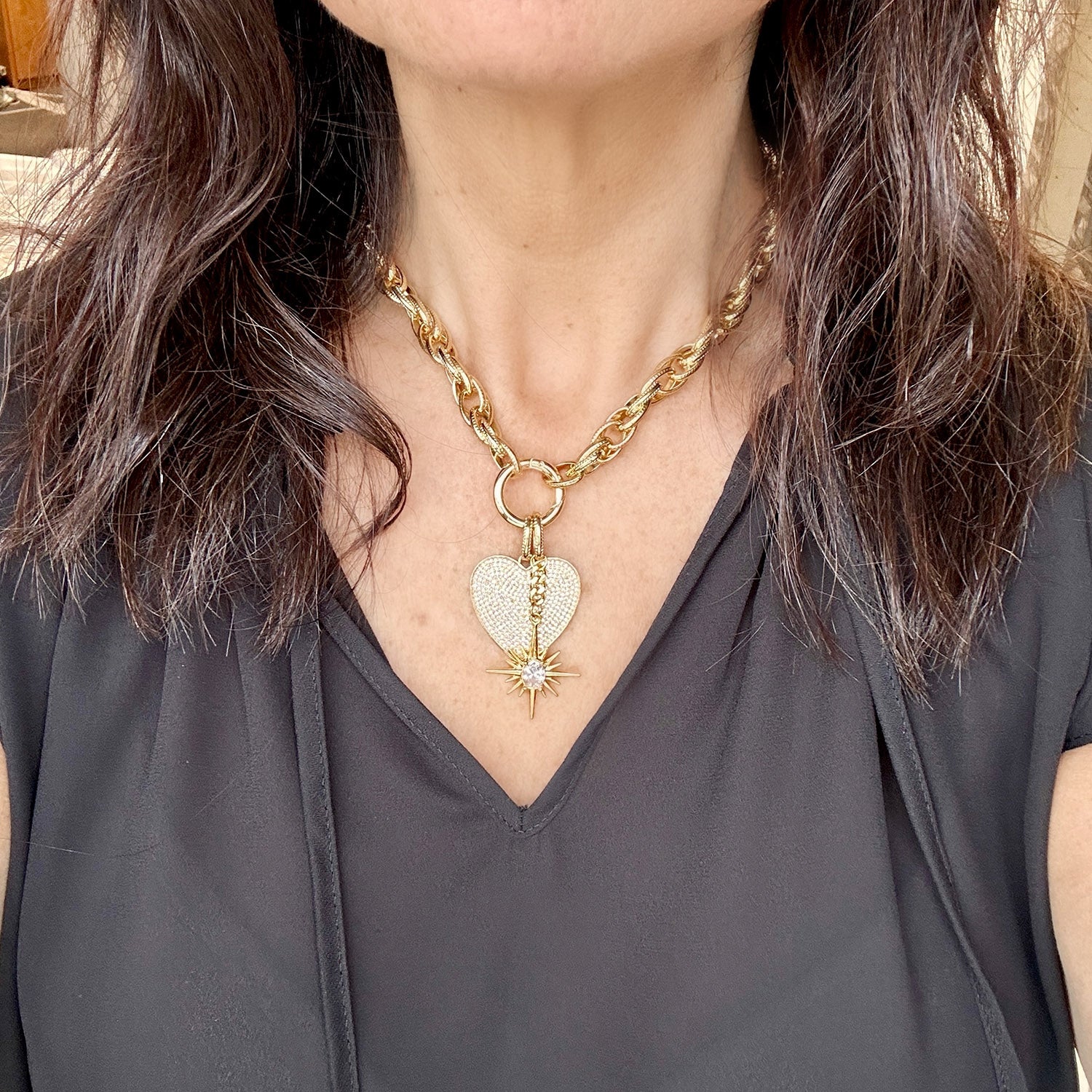 North Star Heart Link Necklace Gold Love Lisa starburst heart jewelry on model