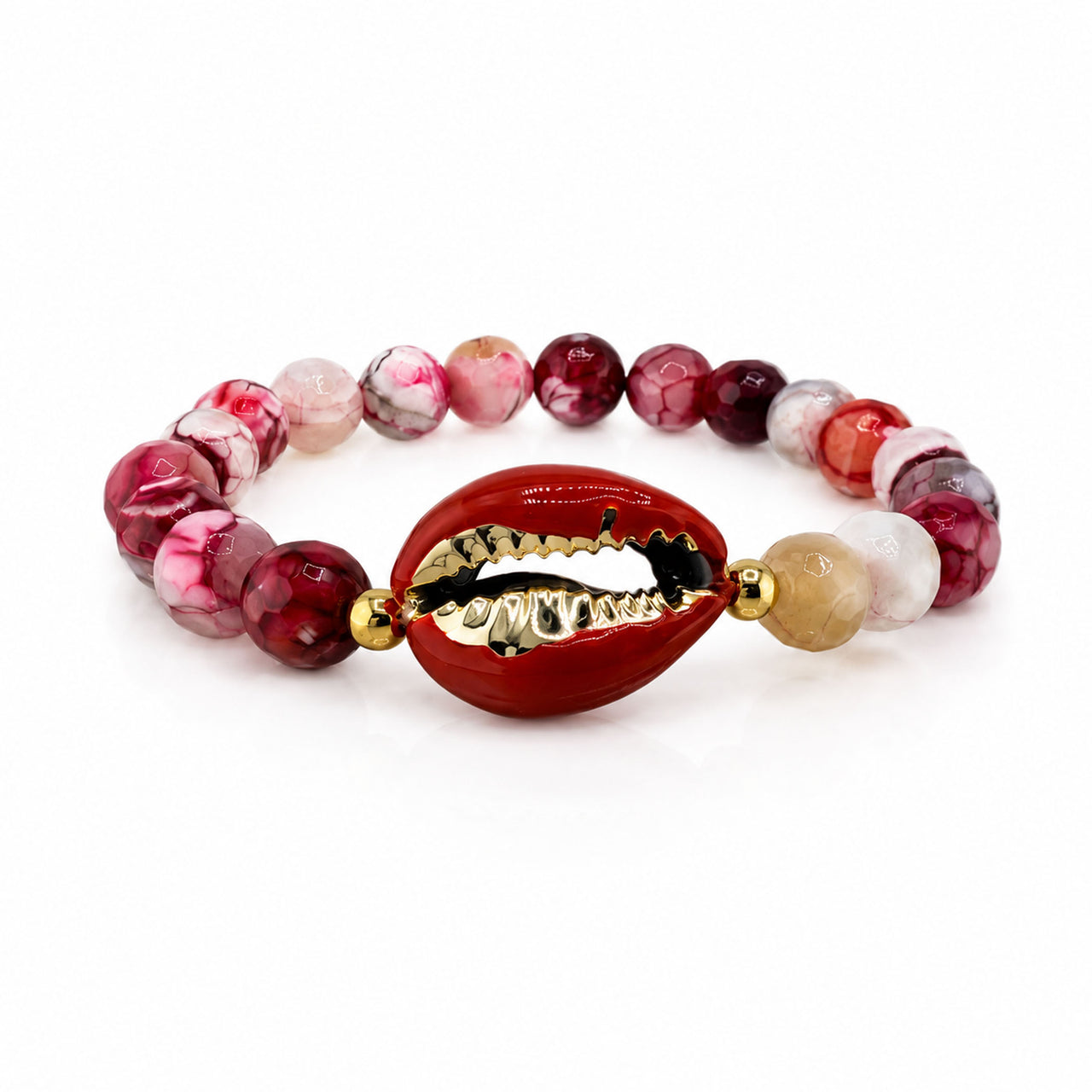 Ocean Tide Beaded Shell Bracelet in Blush Beach with pink and red gemstone beads red shell centerpiece and gold detailing