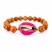 Ocean Tide Beaded Shell Bracelet in Coral Reef with bright orange gemstone beads pink shell centerpiece and gold detailing