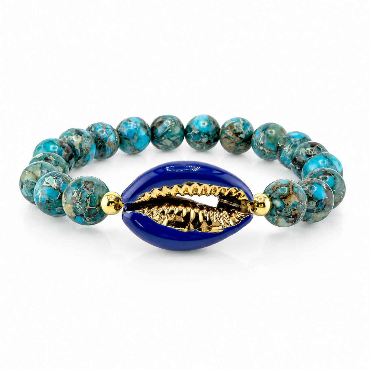 Love Lisa Ocean Tide Beaded Shell Bracelet in Ocean Waters with turquoise sea sediment style beads blue shell centerpiece and gold accents