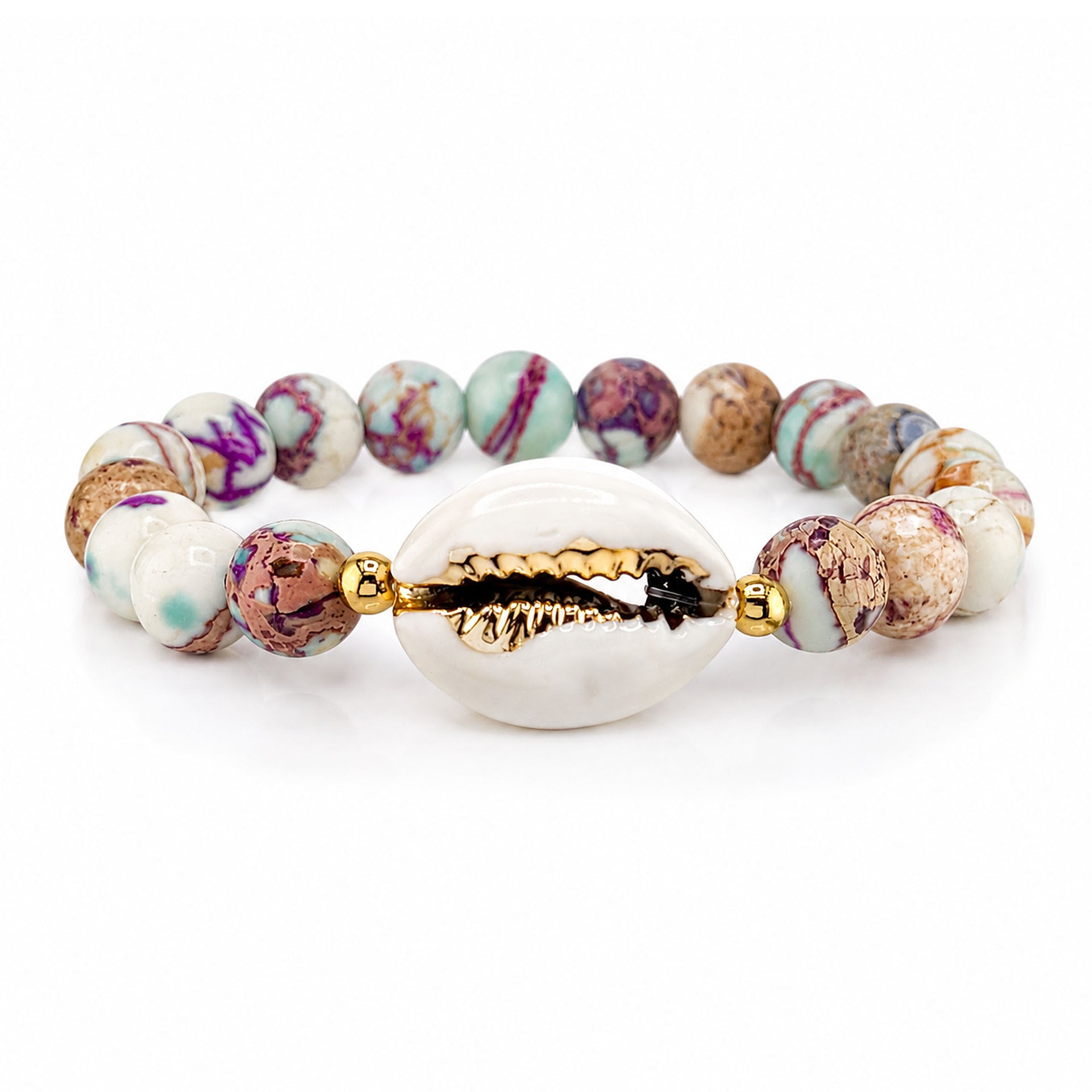 Ocean Tide Beaded Shell Bracelet in Seashell Cove with neutral pastel gemstone beads white shell centerpiece and gold accents