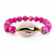 Ocean Tide Beaded Shell Bracelet in Sunset Flamingo with hot pink gemstone beads black shell centerpiece and gold accents