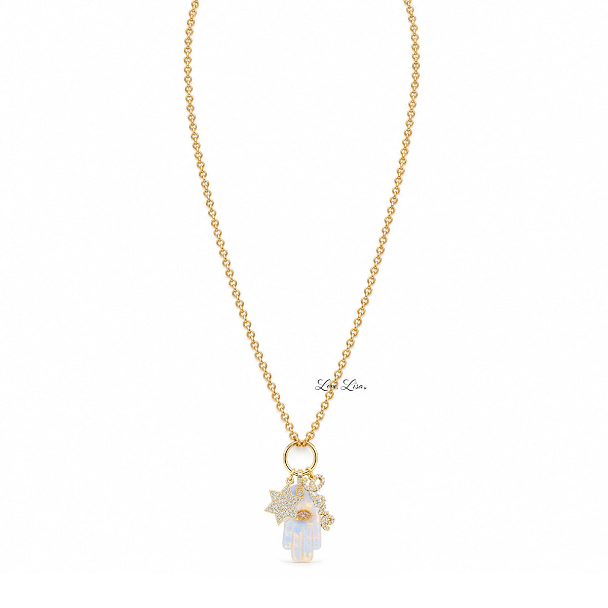 Love Lisa Amara Hamsa Love & Protection Necklace with luminous Opal Hamsa pendant, evil eye detail, Star of David, crystal LOVE charm, and gold-tone chain