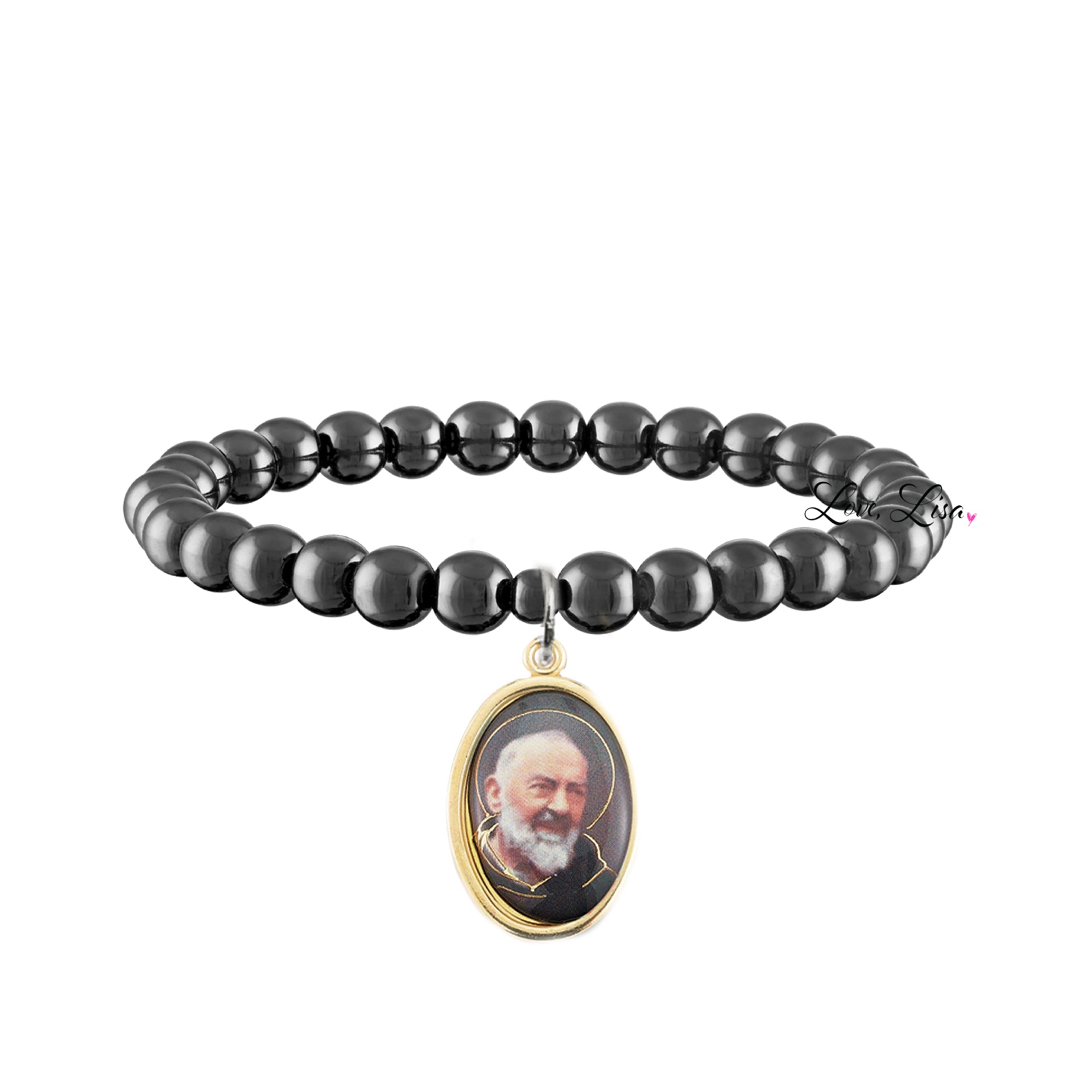 Padre Pio beaded bracelet in gunmetal with devotional medal and prayer card