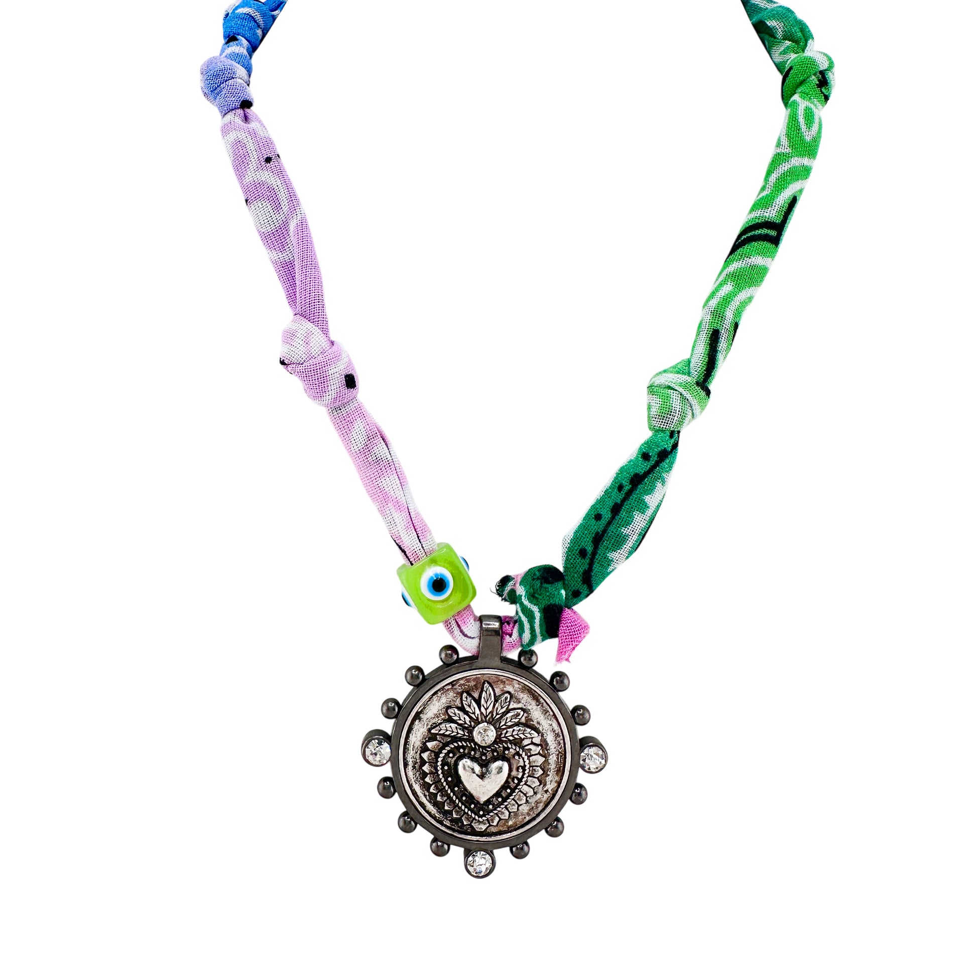 Paloma bandana coin necklace in green and lilac with gunmetal heart charm and evil eye bead
