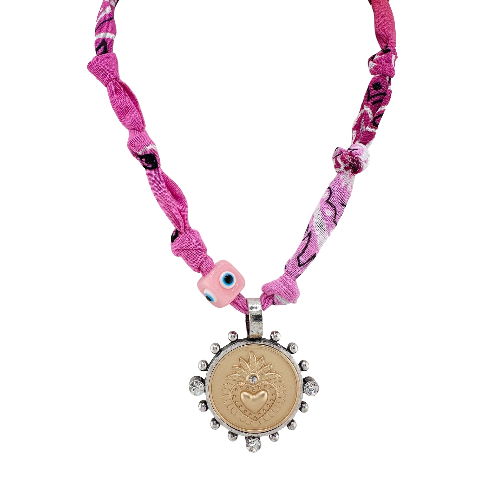 Paloma bandana coin necklace in pink with gold heart charm and evil eye bead