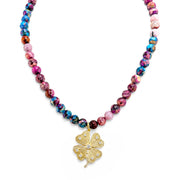 Paloma Lucky Clover Sea Sediment Jasper Necklace in Berry Blue with blue and pink stone beads and sparkling clover pendant
