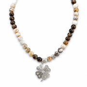 Paloma Lucky Clover Sea Sediment Jasper Necklace in Cafe Au Lait with neutral stone beads and sparkling clover pendant