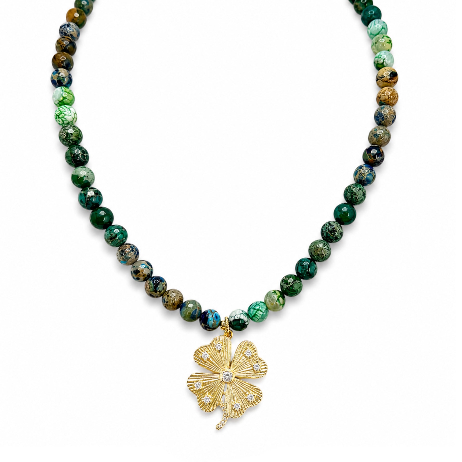 Paloma Lucky Clover Sea Sediment Jasper Necklace in Emerald Island with green stone beads and sparkling clover pendant