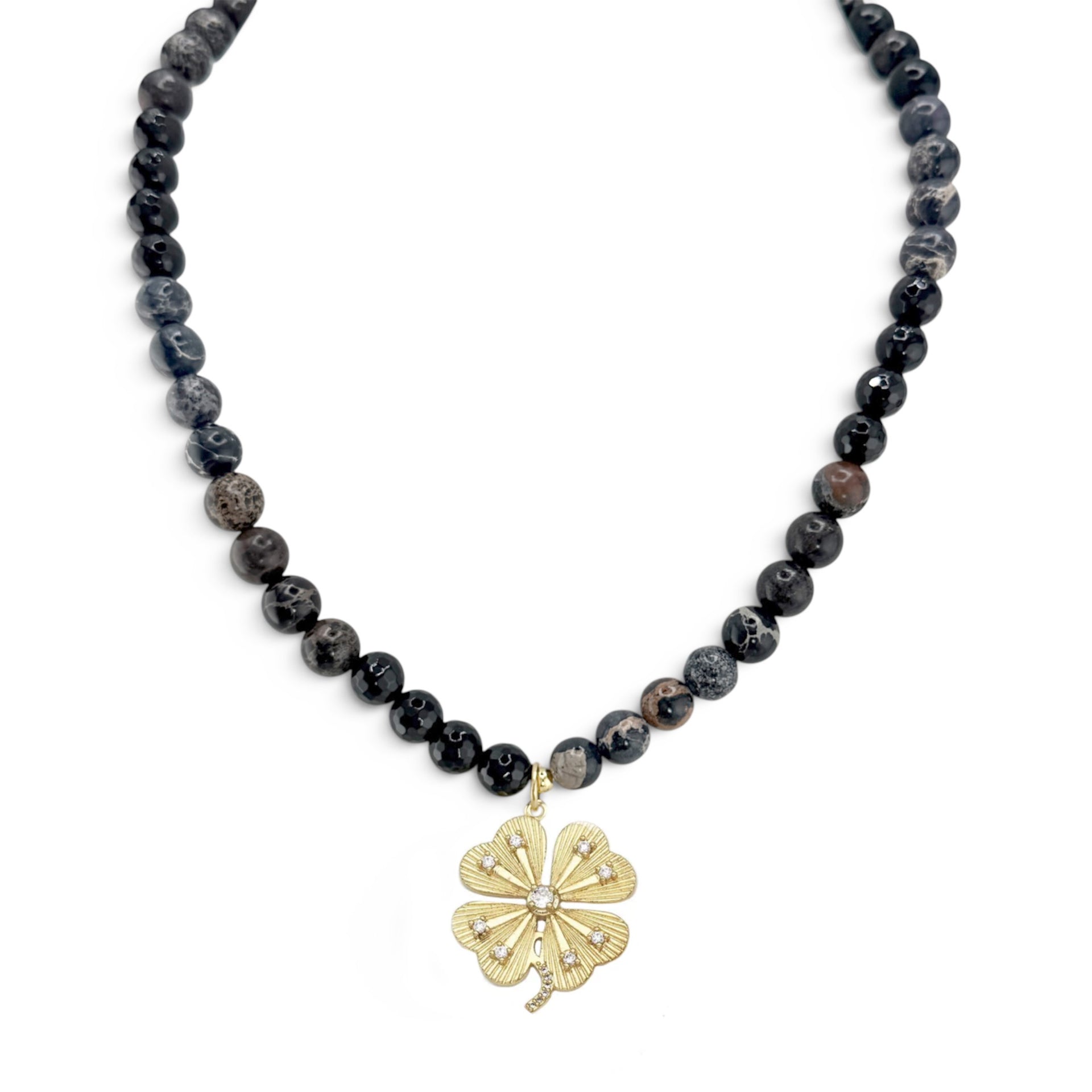 Paloma Lucky Clover Sea Sediment Jasper Necklace in Midnight Tide with black stone beads and sparkling clover pendant