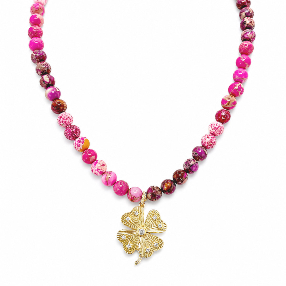 Love Lisa Paloma Lucky Clover Sea Sediment Jasper Necklace in Raspberry Crush with sparkling four-leaf clover pendant