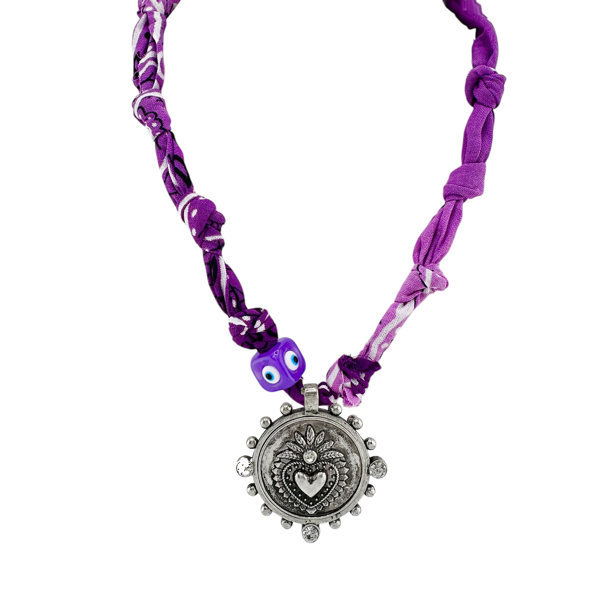 Paloma bandana coin necklace in purple with silver heart charm and evil eye bead