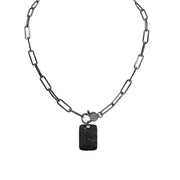 gunmetal paperclip chain necklace with cz clasp paired with black dog tag charm love lisa modern black metal jewelry