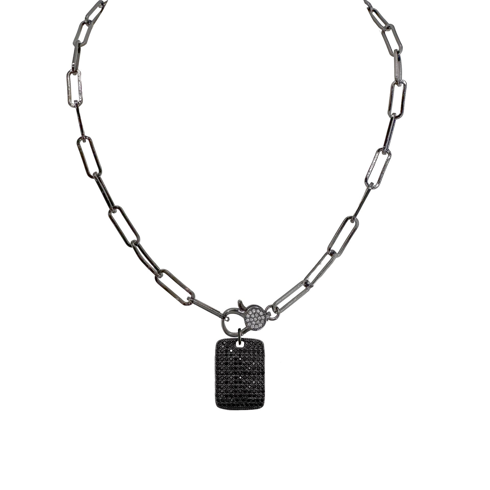 gunmetal paperclip chain necklace with cz clasp paired with black dog tag charm love lisa modern black metal jewelry