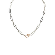 silver paperclip chain necklace with rose gold cz clasp love lisa modern metal jewelry