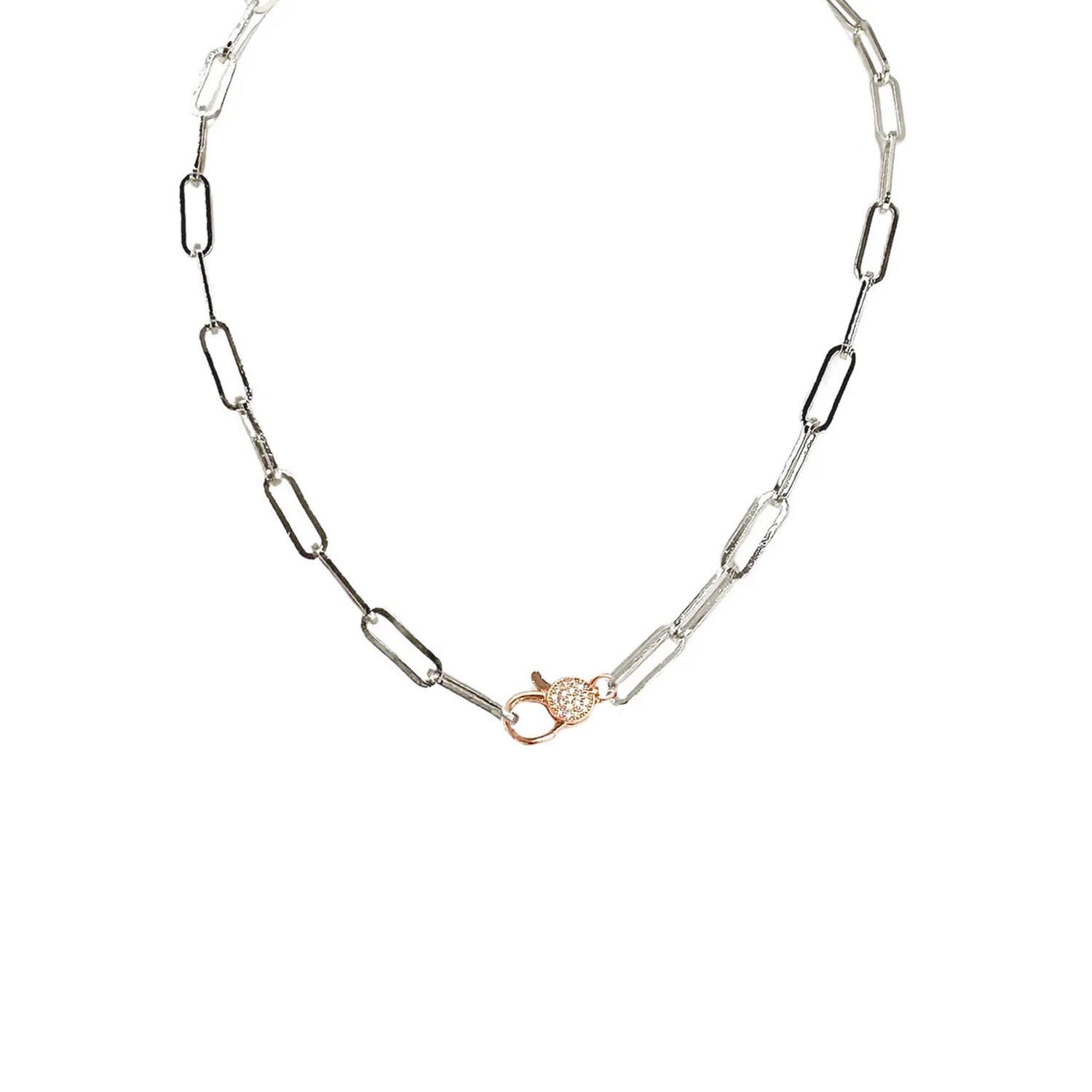 silver paperclip chain necklace with rose gold cz clasp love lisa modern metal jewelry