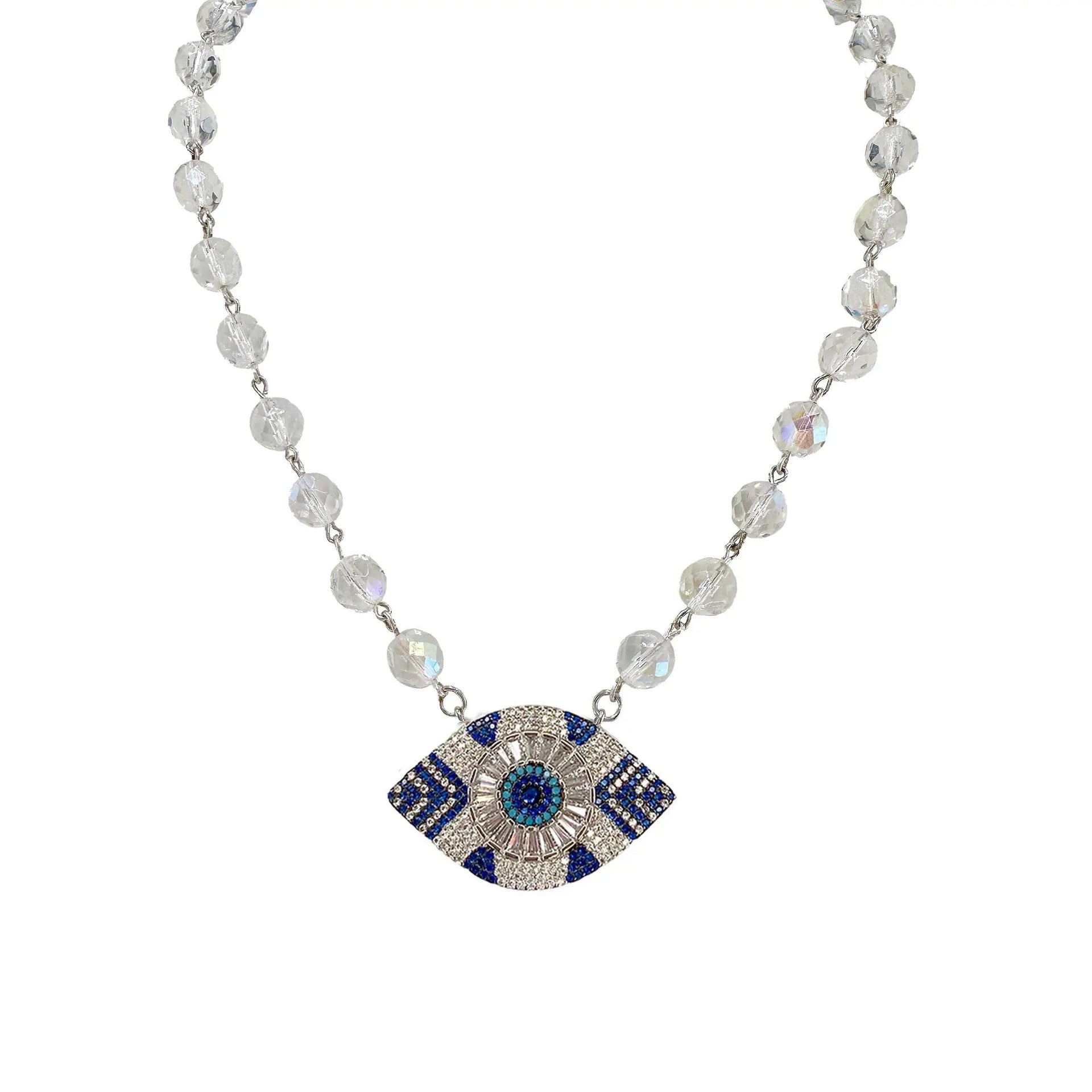 Necklace with eye-shaped pendant and beaded chain on a white background