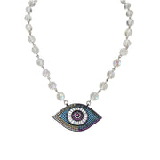 Necklace with a multicolored eye-shaped pendant on a white background
