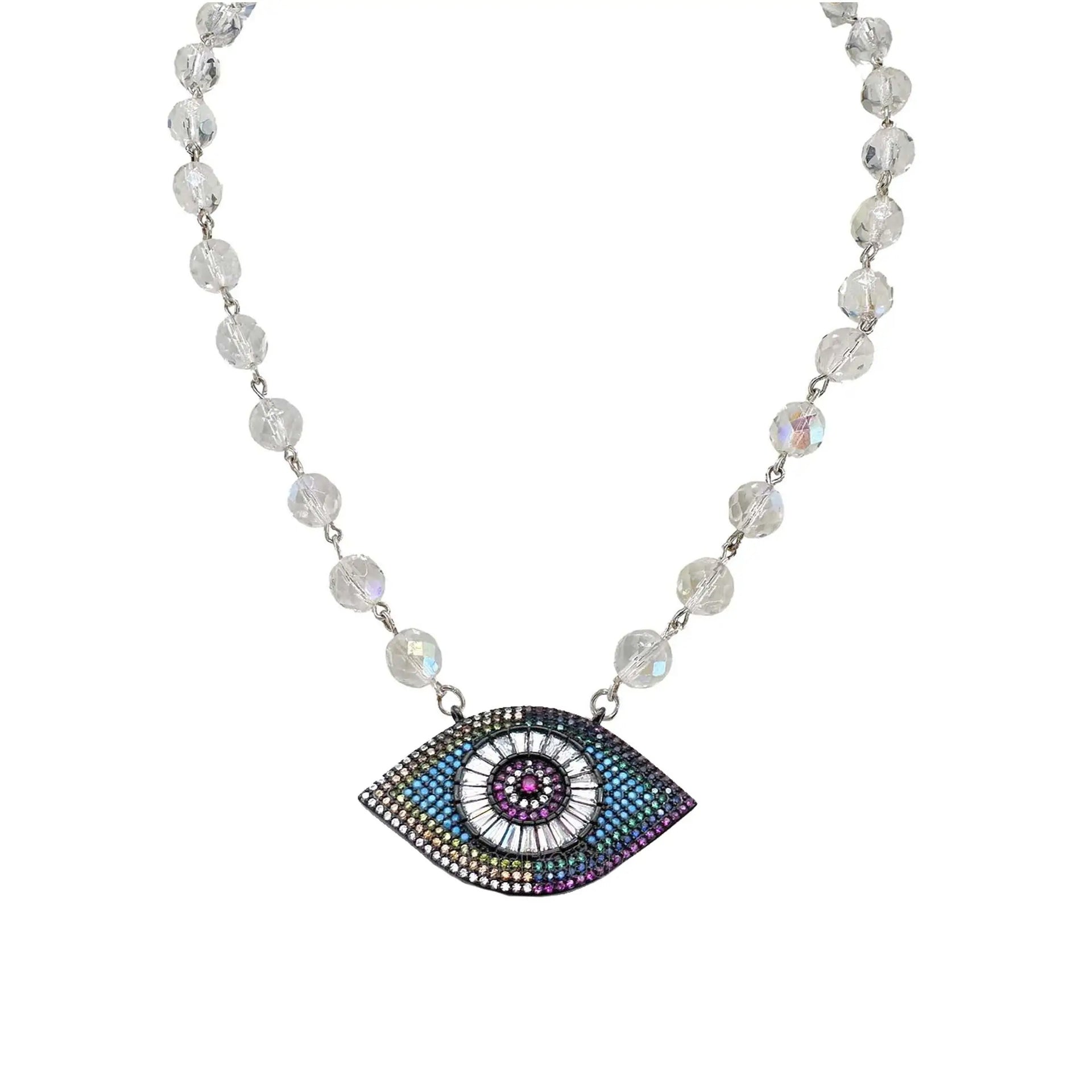 Necklace with a multicolored eye-shaped pendant on a white background