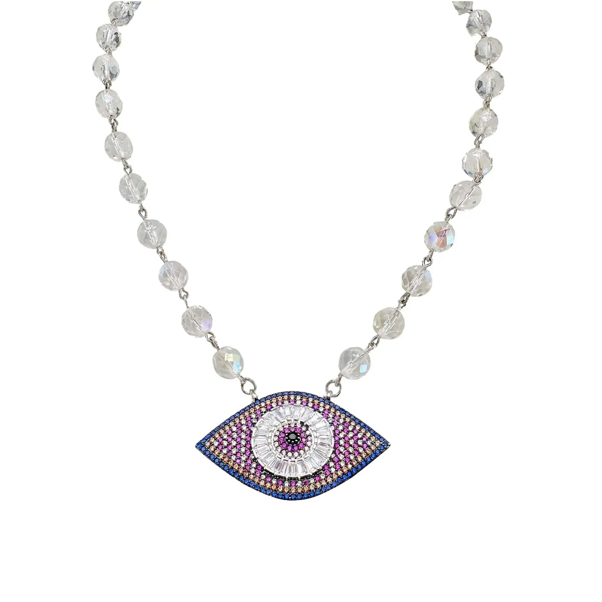 Necklace with a decorative evil eye pendant on a white background