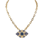  blue crystal evil eye necklace with gold paperclip chain