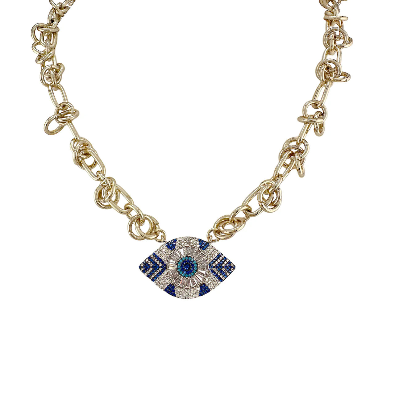gold evil eye necklace with blue stones