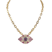 patricia evil eye necklace with pink crystal charm on gold chain