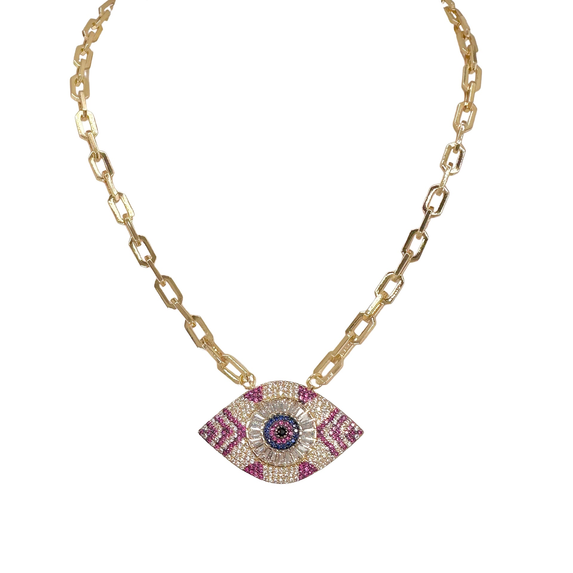 patricia evil eye necklace with pink crystal charm on gold chain